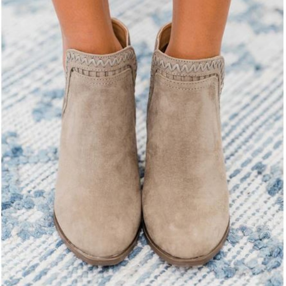 Ankle Heel Taupe Suede Booties with Braided stitch - Picture 7 of 8